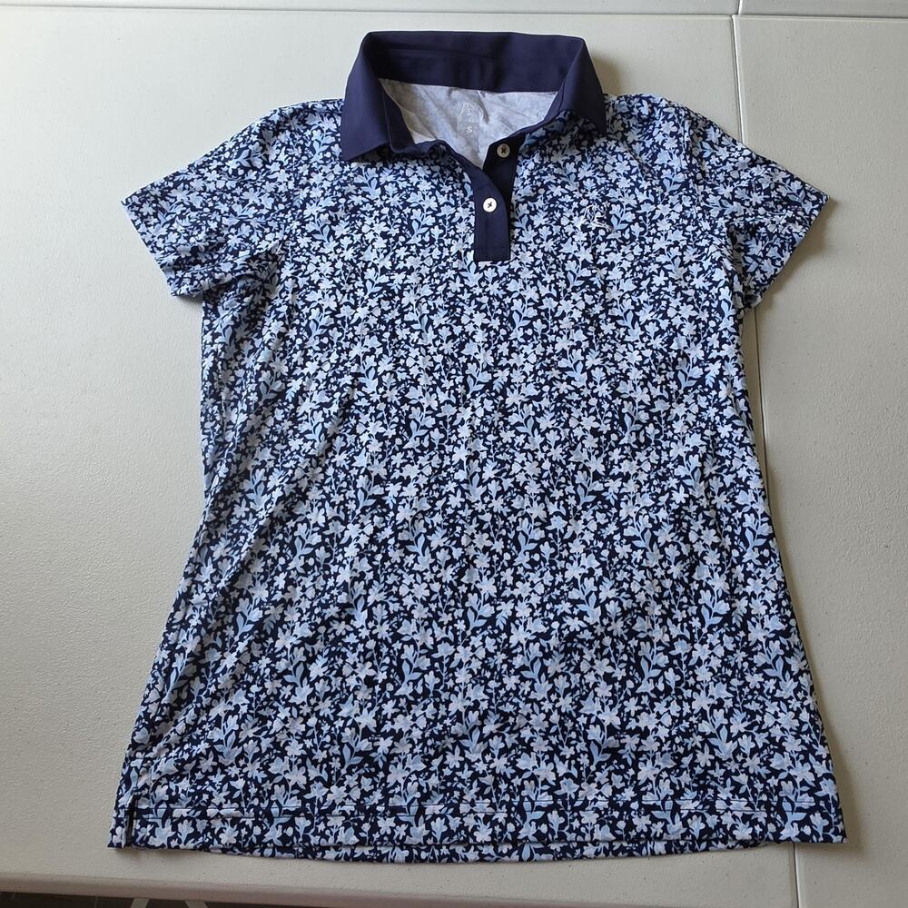 Rhoback Polo Shirt Womens Small Blue Floral Golf Travelers Umbrella Logo